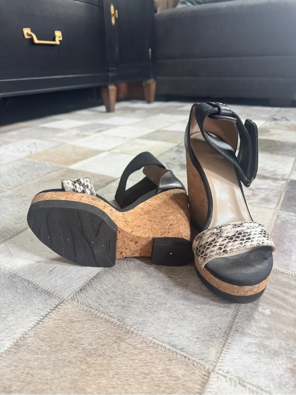 Jimmy Choo Black and Snake-Print Cork Wedge Sandals